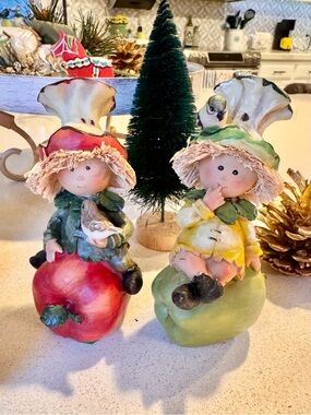 Vintage Whimsical Apple Boy & Girl Shelf Sitter Figurines - Set of 2